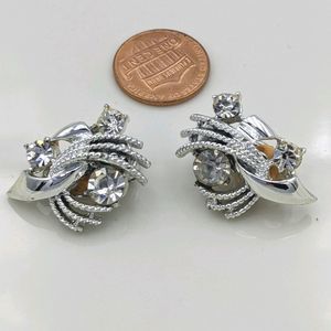 Vintage Mirror Rhinestone Silver Tone Clip Earring